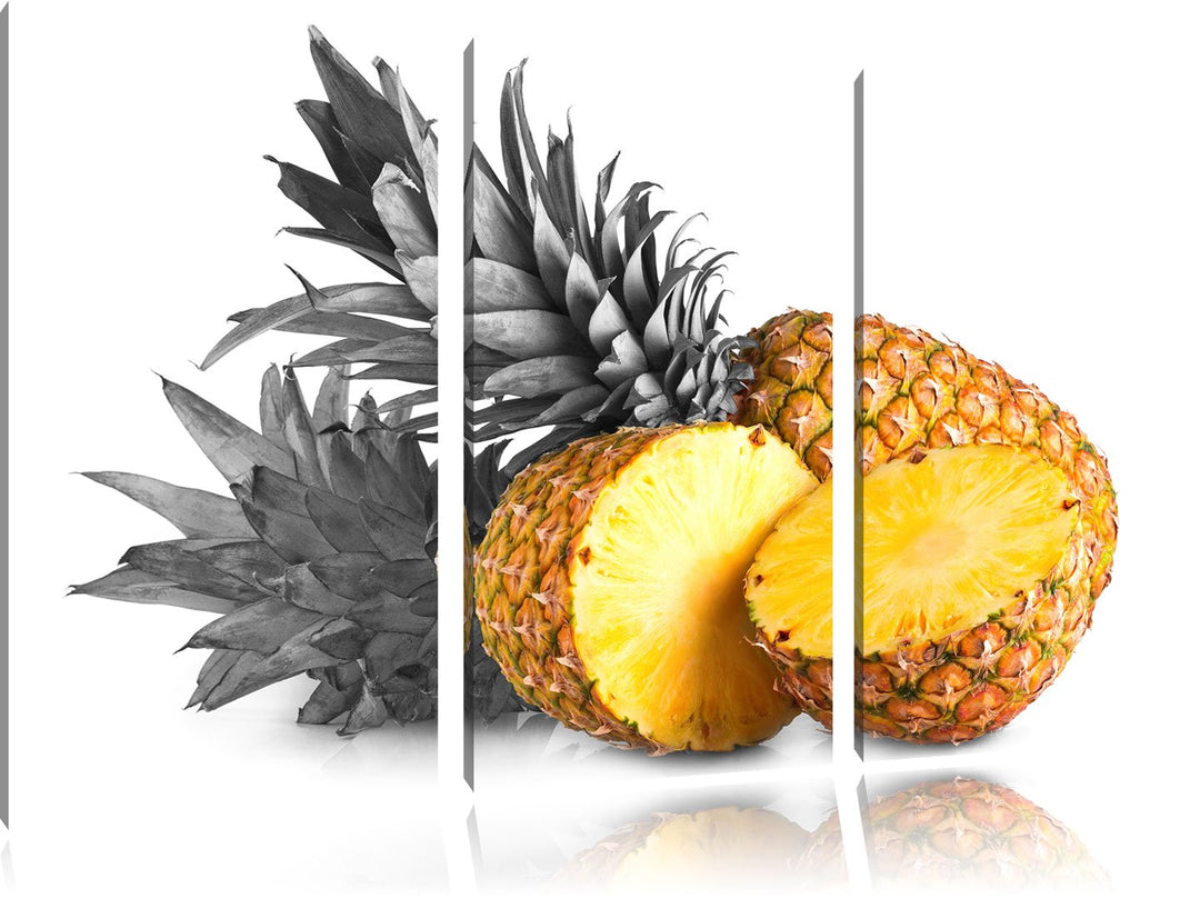 Pixxprint Frische Ananas Schwarz/Weiss 3-Teiler Leinwandbild 120x80 Bild auf Leinwand