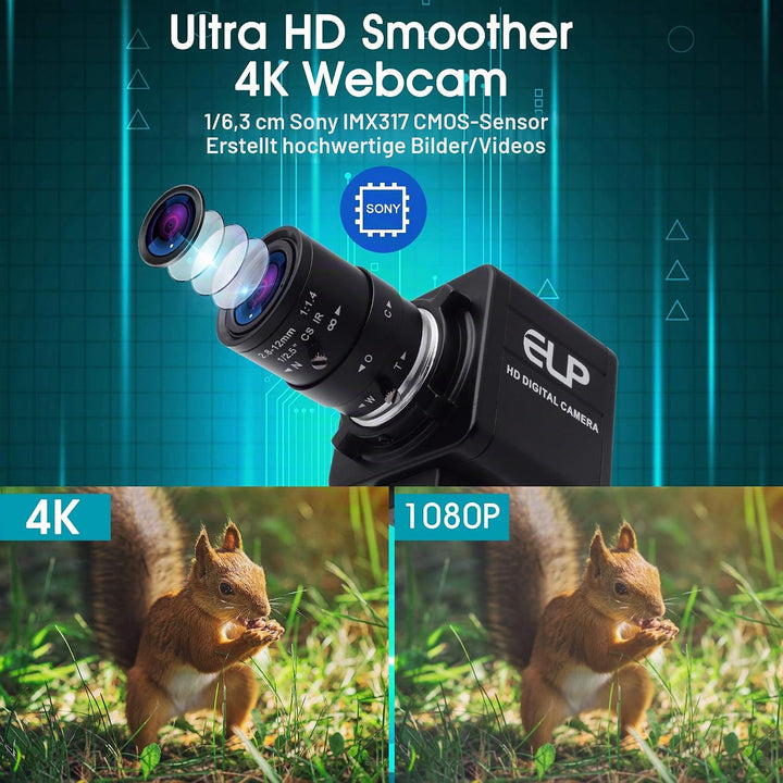 ELP 4K Optischem Zoom USB-Kamera,Ultra HD IMX317-Sensor-Webcam mit 2,8-12 mm Varifokalobjektiv,3840