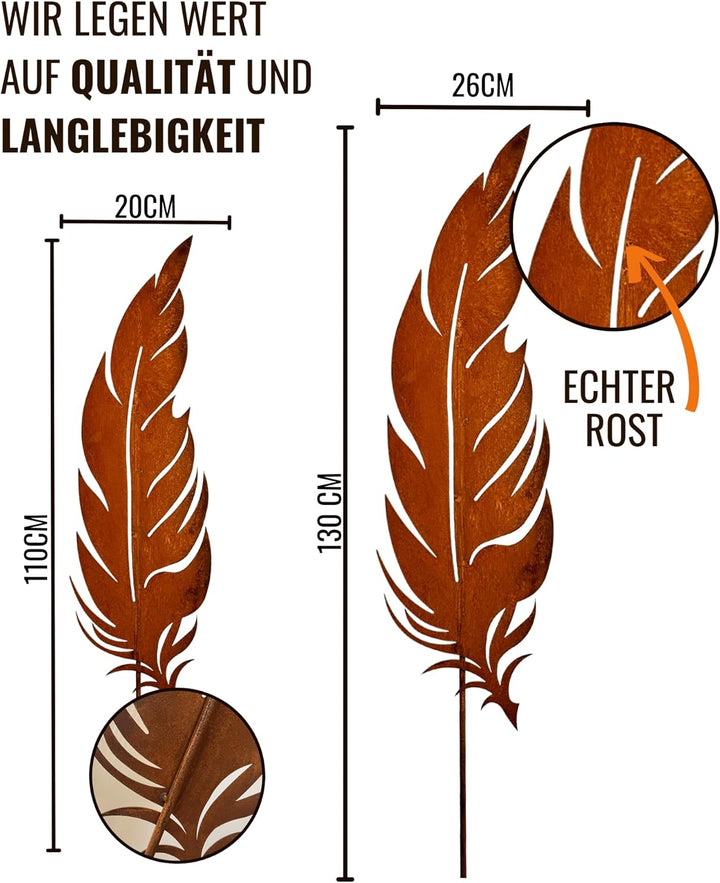 Terma Rost Feder Set XXL 134cm Höhe Gartenstecker, Gartenfigur gross, Metallfigur Garten, Gartenstec