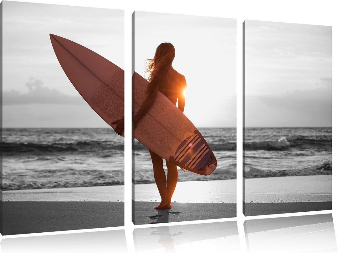 Pixxprint Surferin vor Sonnenuntergang als Leinwandbild | Grösse: 3 Teilig (120x80) | Wandbild| Kuns