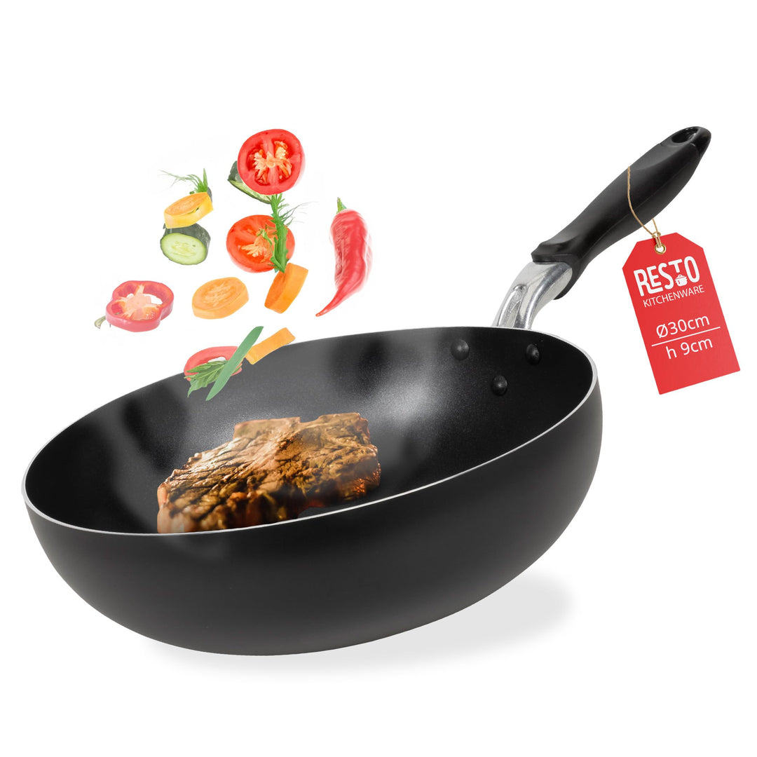 RESTO moderne Wokpfanne 30 cm, Wok, Bratpfanne mit hohem Rand - Antihaftbeschichtung – Ergonomischer