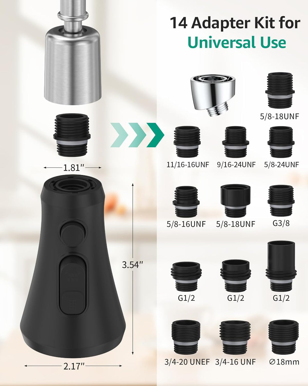 Mbillion ABS-Küchenarmaturkopf, Universal-Sprühdüse mit 3 Funktionen, mit 14 Adaptern, mattschwarz,