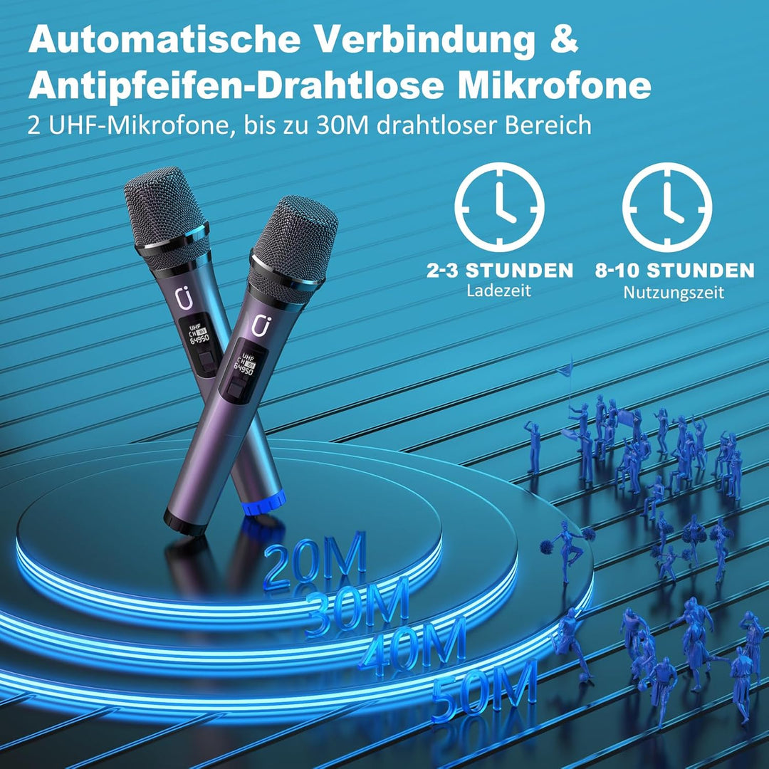 JYX Karaoke Anlage mit 2 drahtlosen Mikrofonen, Grosser Karaoke Lautsprecher Bluetooth mit Rädern un