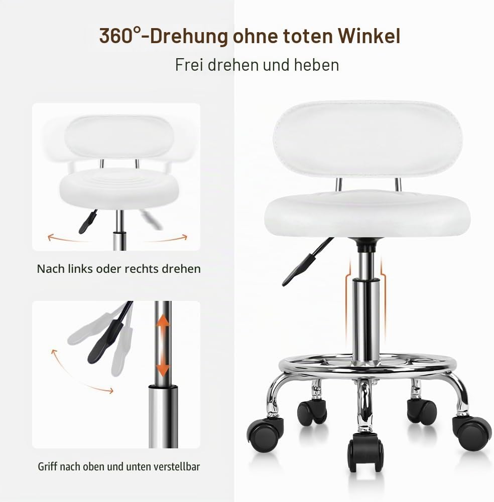 KKTONER Moderner Rollhocker aus PU-Leder mit niedriger Rückenlehne, höhenverstellbar, für Arbeitssal