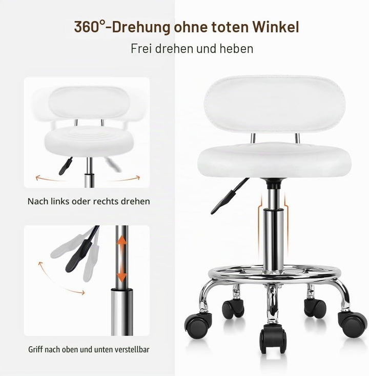 KKTONER Moderner Rollhocker aus PU-Leder mit niedriger Rückenlehne, höhenverstellbar, für Arbeitssal