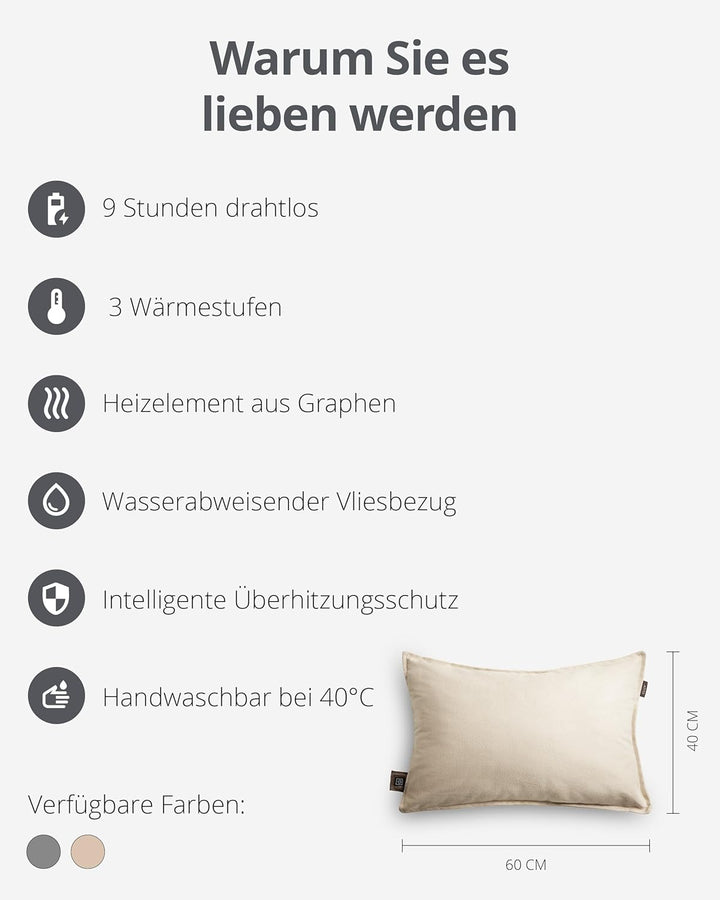 Duux Mellow Kabelloses Wärmekissen – 40x60 cm – Fleecehülle – 3 Heizstufen – Bis zu 9 Stunden Nutzun