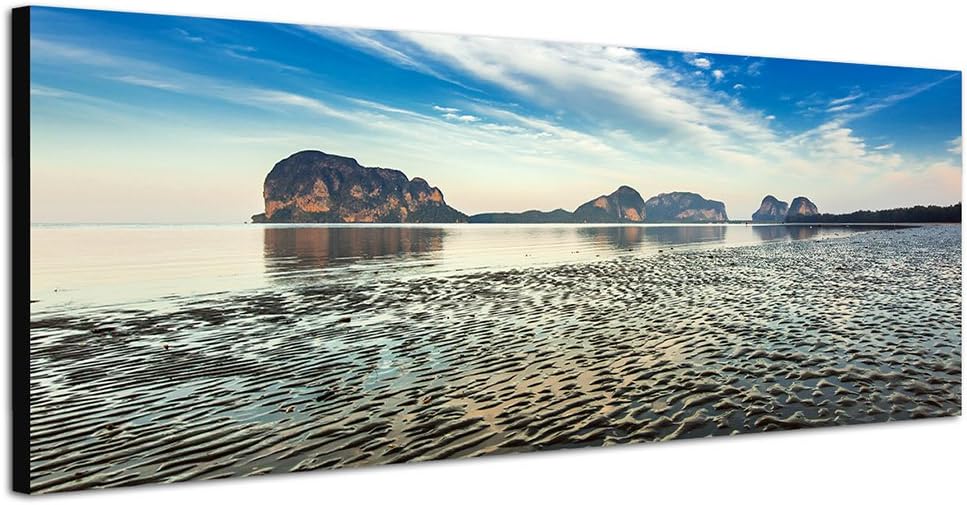 Paul Sinus Art Panoramabild auf Leinwand und Keilrahmen 150x50cm Strand Meer Felsen Wolkenschleier S