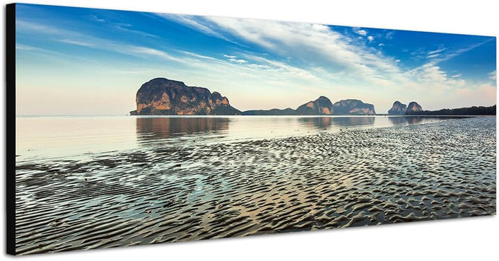 Paul Sinus Art Panoramabild auf Leinwand und Keilrahmen 150x50cm Strand Meer Felsen Wolkenschleier S