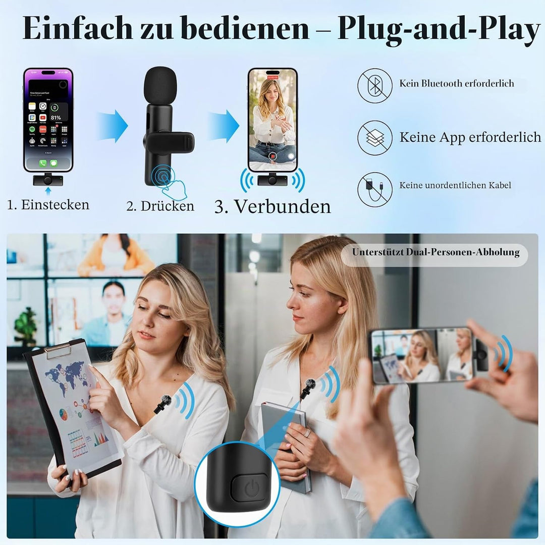 Kabelloses Lavalier Mikrofon für iPhone/iPad, Plug-Play Mini Lavalier Mikrofon Wireless für Intervie