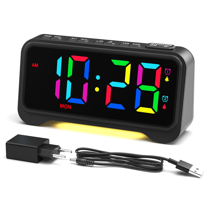 ROCAM LED Wecker Digital mit Grossen Zahlen, Nachttisch Wecker mit Typ-C & USB-Ladeanschluss, Dualer