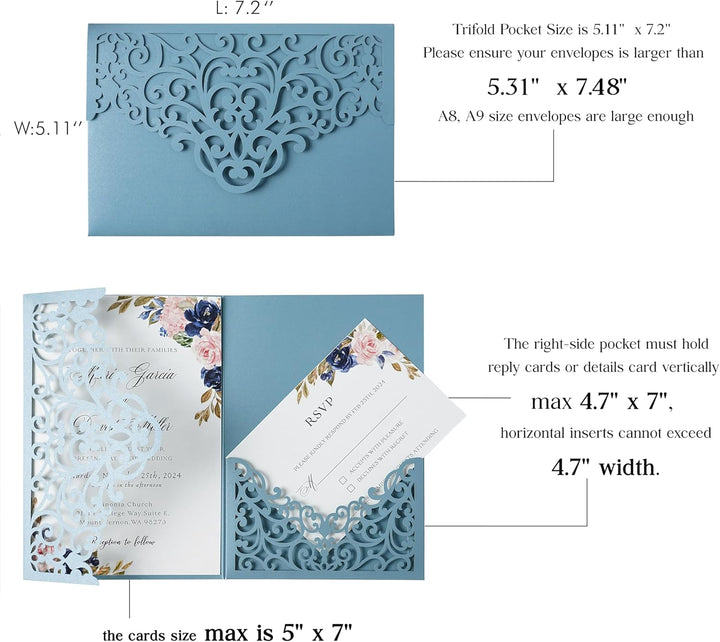 ponatia 20 x lasergeschnittene Hochzeitseinladungstaschen, dreifach gefaltet, 12,7 x 17,8 cm, laserg