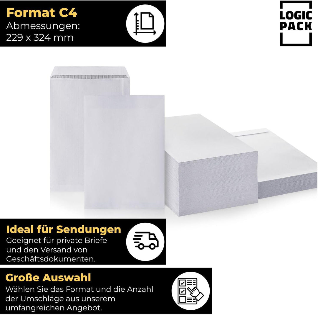 1000 Briefumschläge ohne Fenster DIN C4 Umschläge Weiss haftklebend 229 x 324 mm 90g/m² Versandtasch