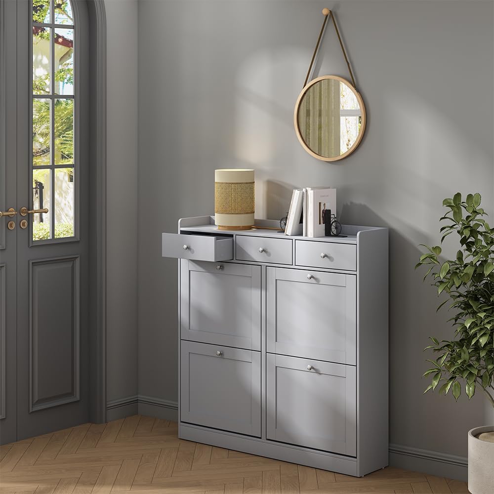 Vicco Schuhkipper Vitto, Grau, 100 x 99.5 cm mit 3 Schubladen & 4 Klappfächern, zur platzsparenden A