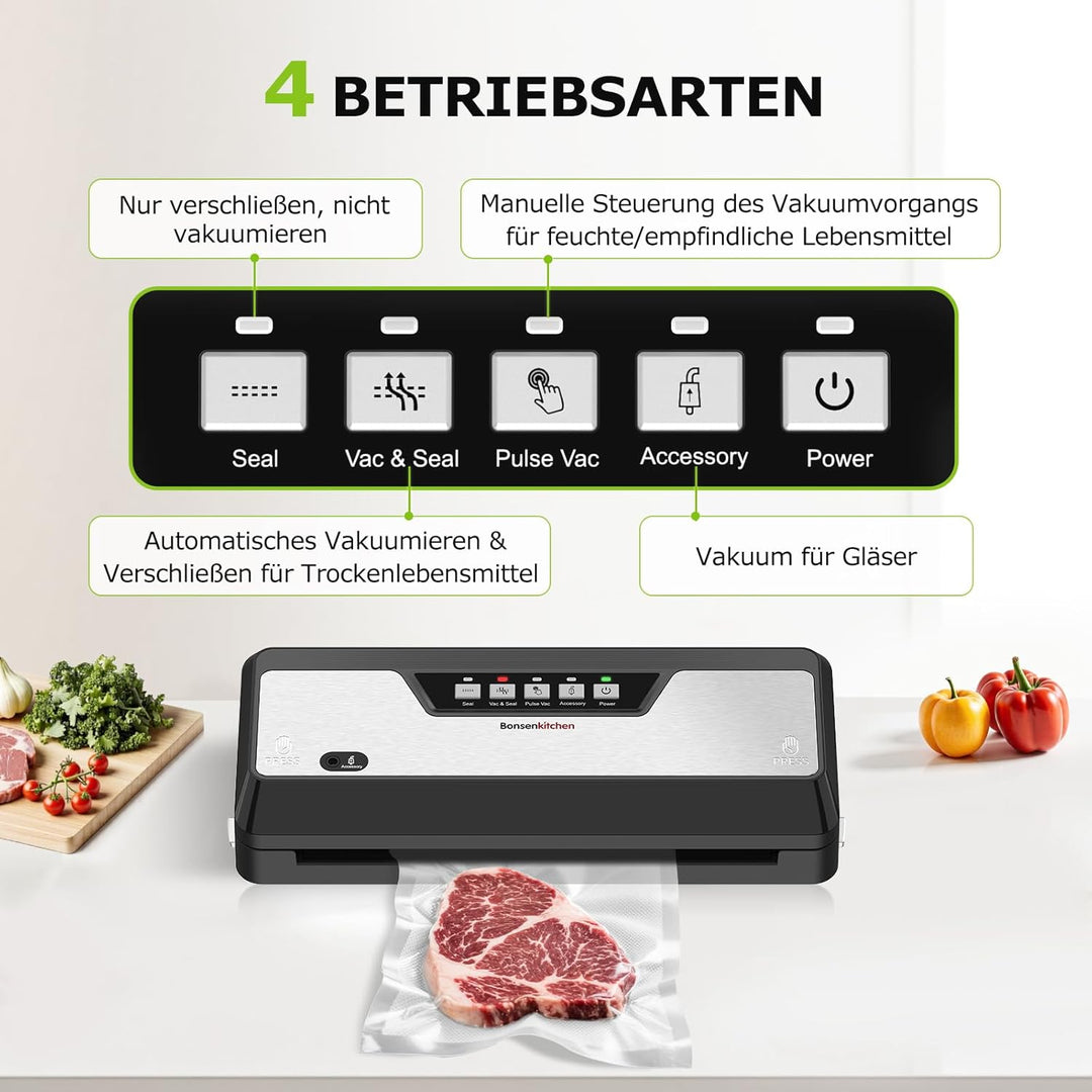 Bonsenkitchen Vakumierergerät für Lebensmittel, Vakuumierer mit Cutter Aufbewahrung, Kompakter für S