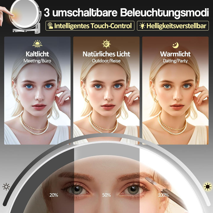 Wandmontierter Make-up-Spiegel, Vergrösserungsspiegel mit Licht, 20X/1X doppelseitig, höhenverstellb