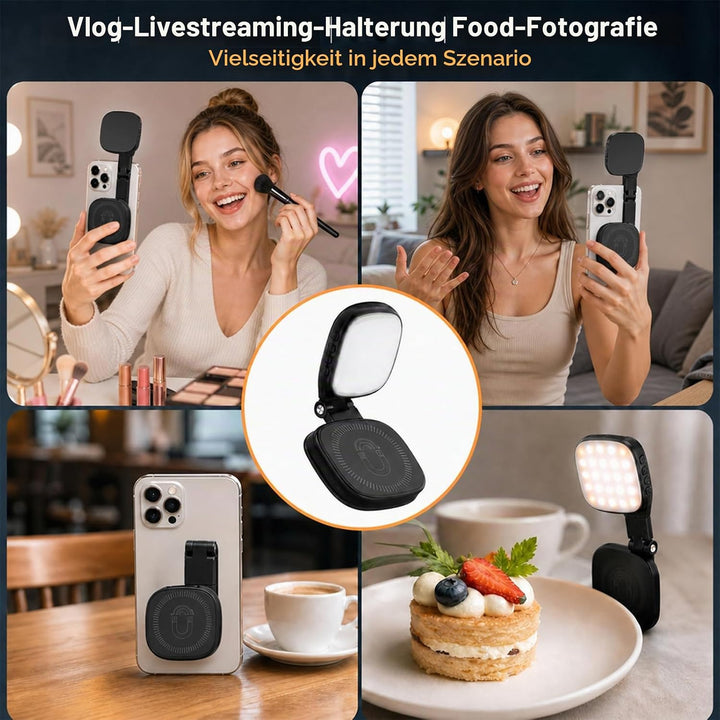 Magnetisches 3-in-1 Selfie Licht Mit Spiegel, 1000mAh Akku 48 LEDs &amp; 10 Helligkeitsstufen (3000K-650