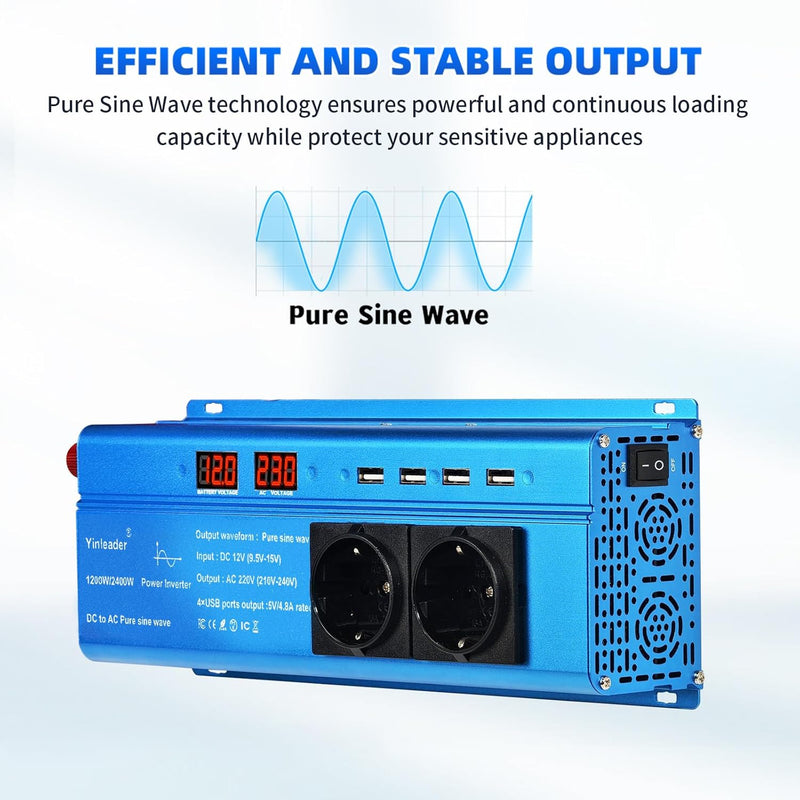 Yinleader Wechselrichter 12V 230V 1200W / 2400W Reiner Sinus-Spannungswandler 2 Steckdosen und 4 USB