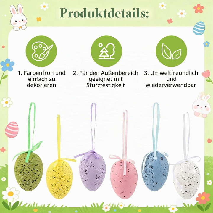 Ostern Deko 24Stück Ostereier zum Aufhängen - Brechfeste Aufhängung Ostereier Deco mit Grünem Raffie