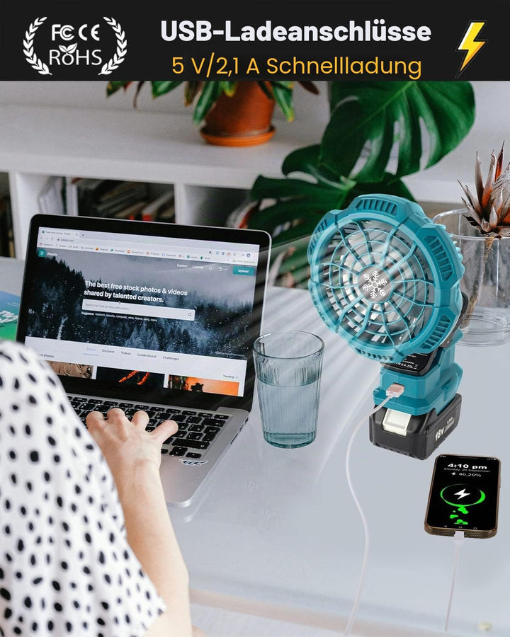 Taingwei Tragbarer Clip-on-Ventilator für Makita 18v Akku, Leise akku ventilator mit 3 energieeffizi