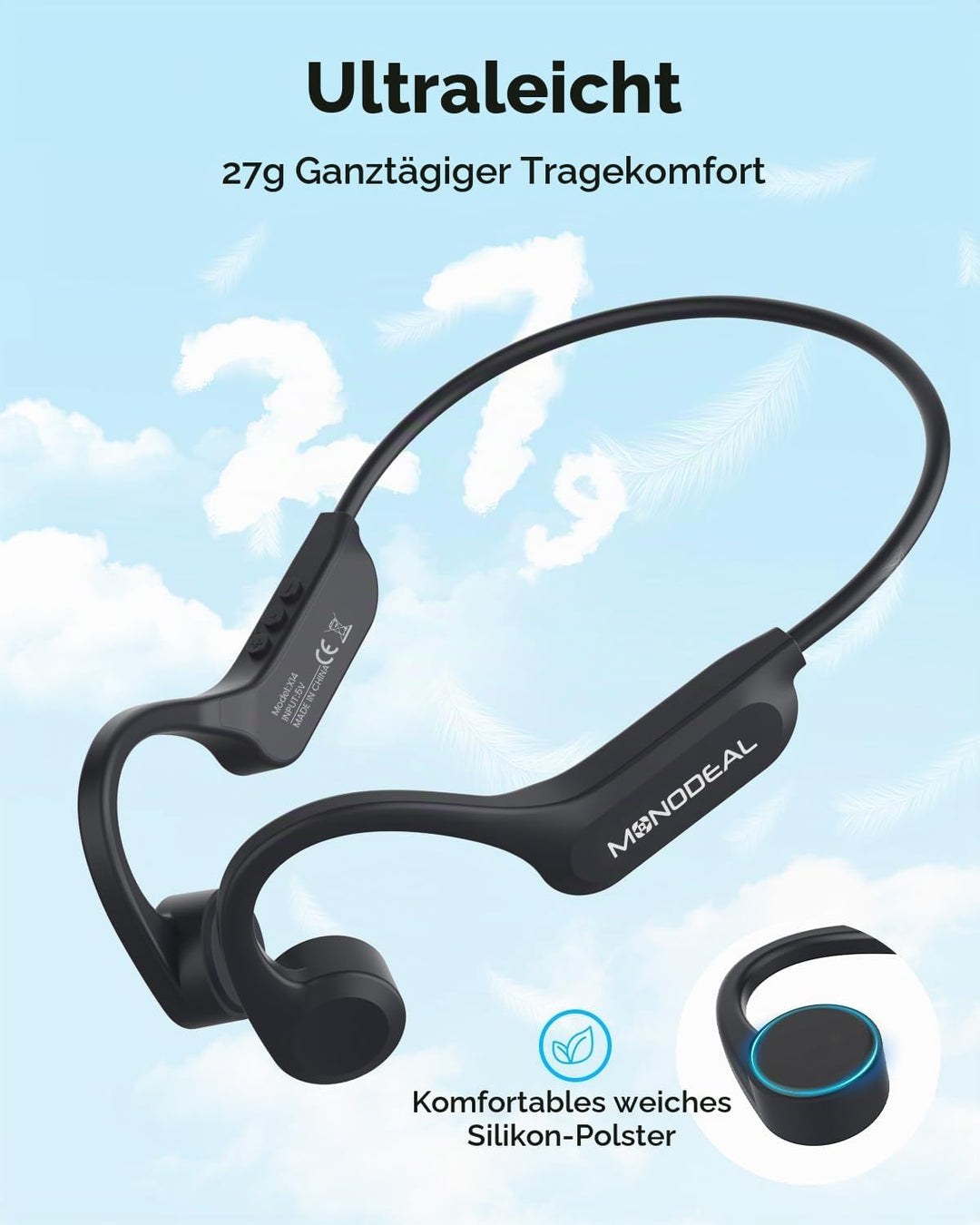 MONODEAL Knochenschall Kopfhörer Bluetooth 5.3 Open-Ear Kopfhörer, Typ-C Ladeanschluss, IPX6 wasserd
