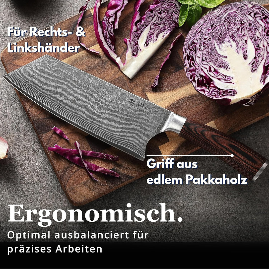 Wakoli EDIB Chinesisches Kochmesser aus echtem Damaststahl (VG10 Kern) mit 19 cm Klinge – Scharf & a