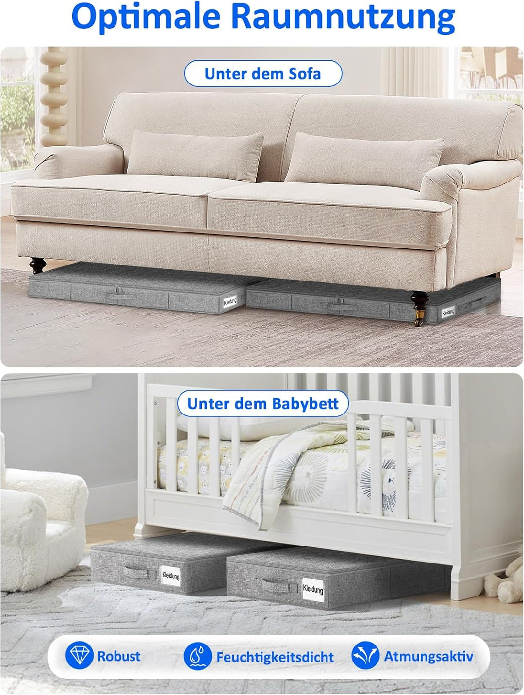 Unterbett-Aufbewahrungsbox flach 85 x 40 x 10 cm, Leinen mit PP-Innenverstärkung, 2-Wege-Reissversch