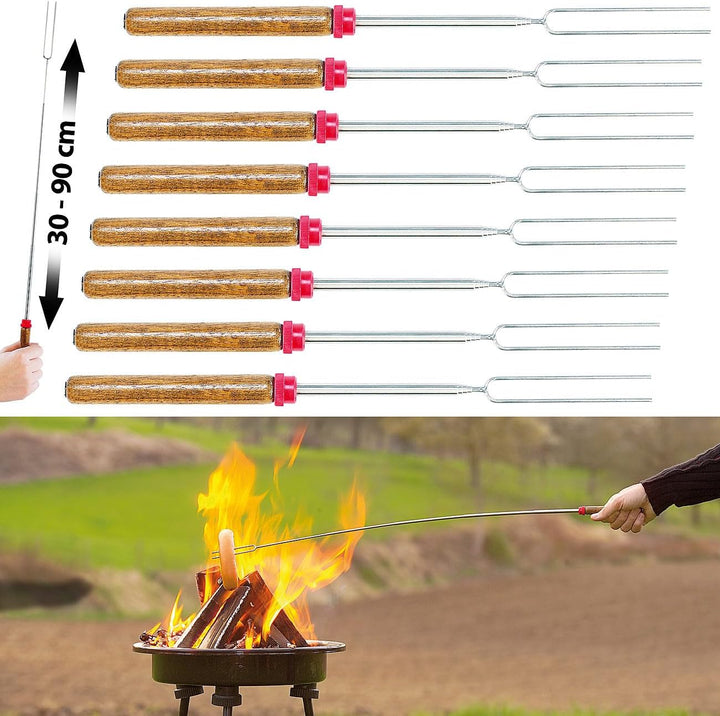 infactory BBQ-Teleskopbesteck: 8er-Set Teleskop-Grillspiess & -Gabeln mit Holzgriff, ausziehbar, 90