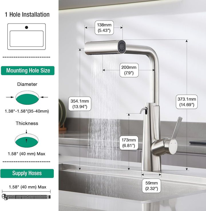 CREA Wasserfall Wasserhahn Küche Ausziehbar,Mischbatterie Edelstahl Küche mit Seifenspender,360° Dre