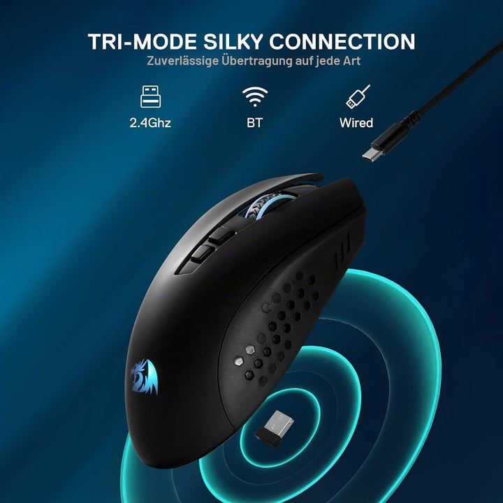 Redragon M656 MAX 3-Modi Gaming Maus, 10000 DPI wiederaufladbare Gaming Maus mit 5 DPI-Stufen, 7 Mak