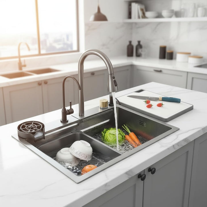 Edelstahl Küchenspüle Einbauspüle mit Wasserfallarmatur Spülbecken und Küchenarmatur Set Wasserfall