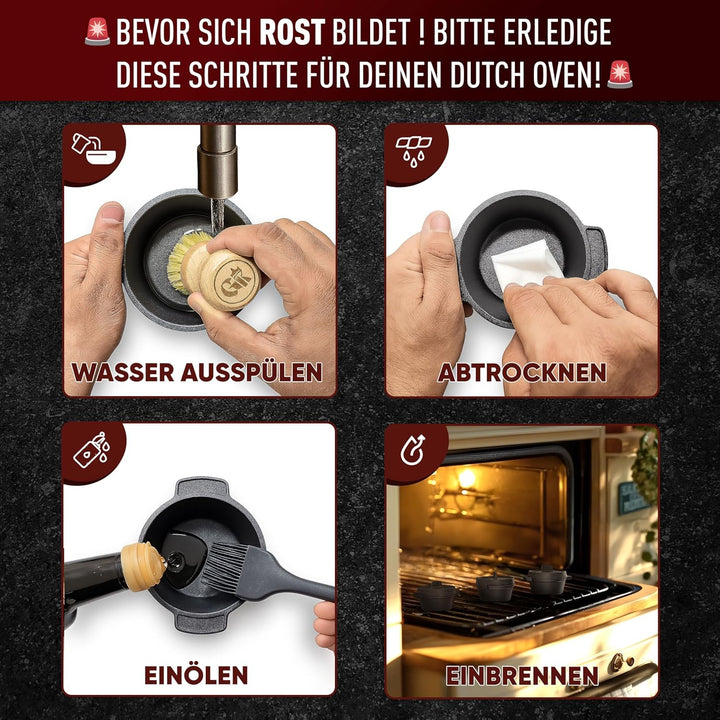 Dutch Oven Set Mini mit Holz-Untersetzer – 4x 300 ml Gusseisen Mini Topf mit Deckel–eingebrannter Mi