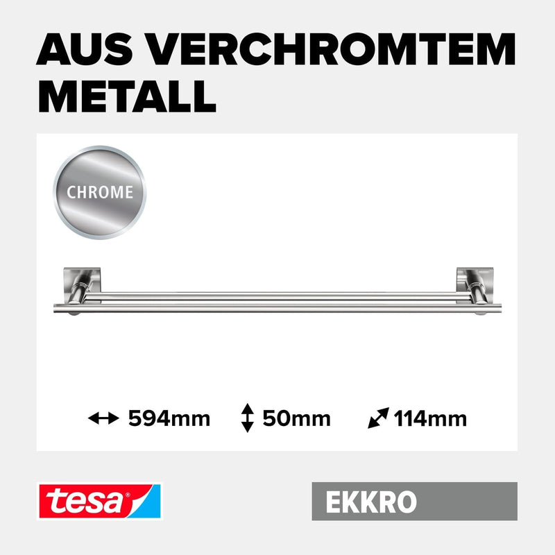 tesa EKKRO Doppel-Handtuchstange, verchromt - Badetuchhalter mit 2 Stangen - zur Wandbefestigung ohn