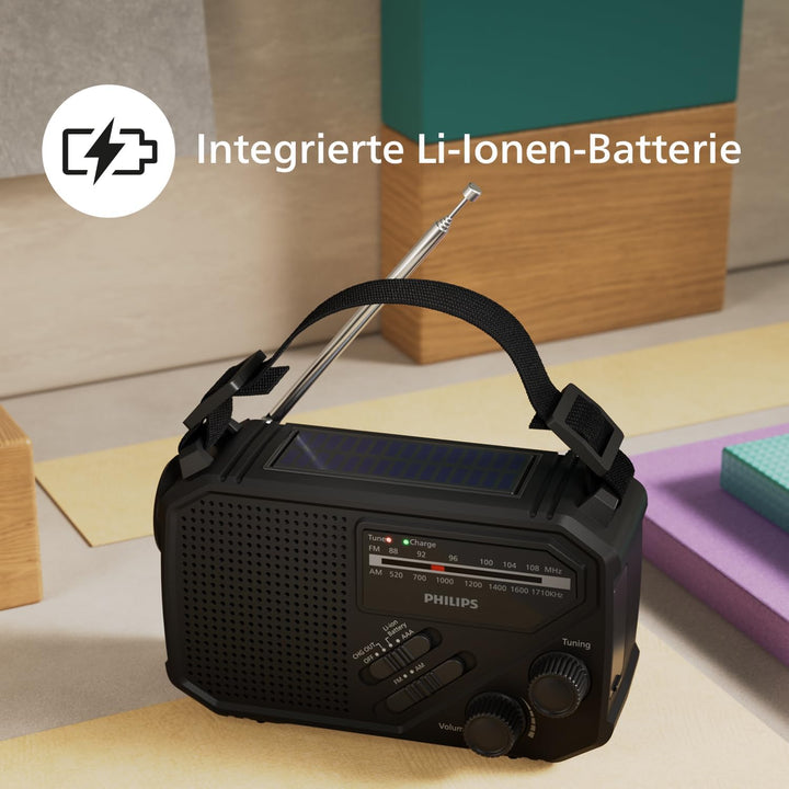 Philips TAR1609 FM/AM-Kofferradio mit internem aufladbarem Akku, AAA-Batterie und Kurbel für Reserve