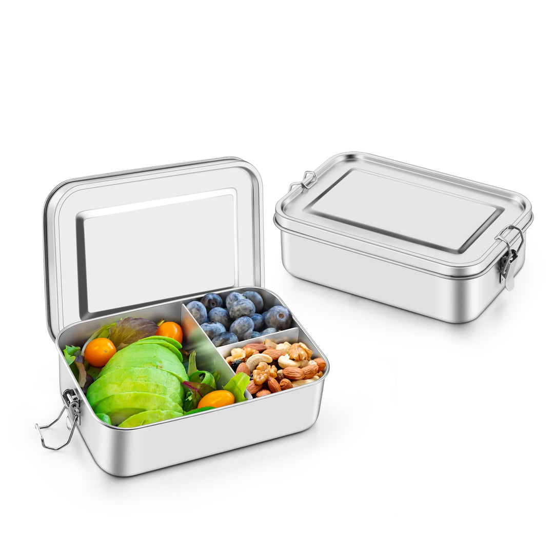 Onader Edelstahl Brotdose mit Fächern 2er Set, 1400ml Bento Box Lunchbox mit Abnehmbar Trennwand, Me