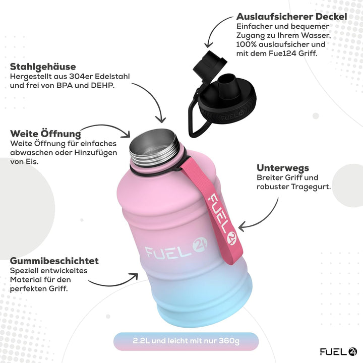 Fuel24 Extra Stark Trinkflasche Edelstahl Metall 1.3L & 2.2L - Auslaufsicher & BPA-Frei Wasserflasch