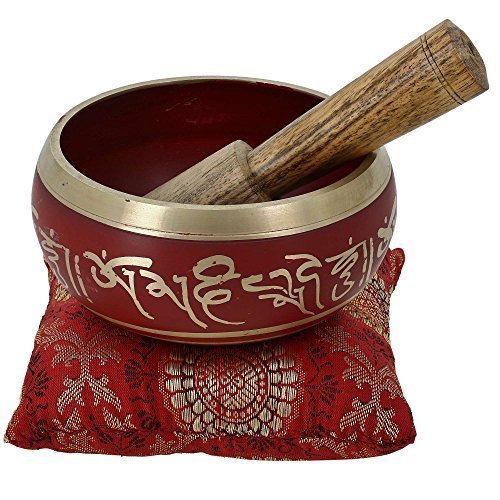 Ajuny Tibetische Klangschale Set Handgefertigte Messing-Schale In Rot mit Stock & Kissen Meditation