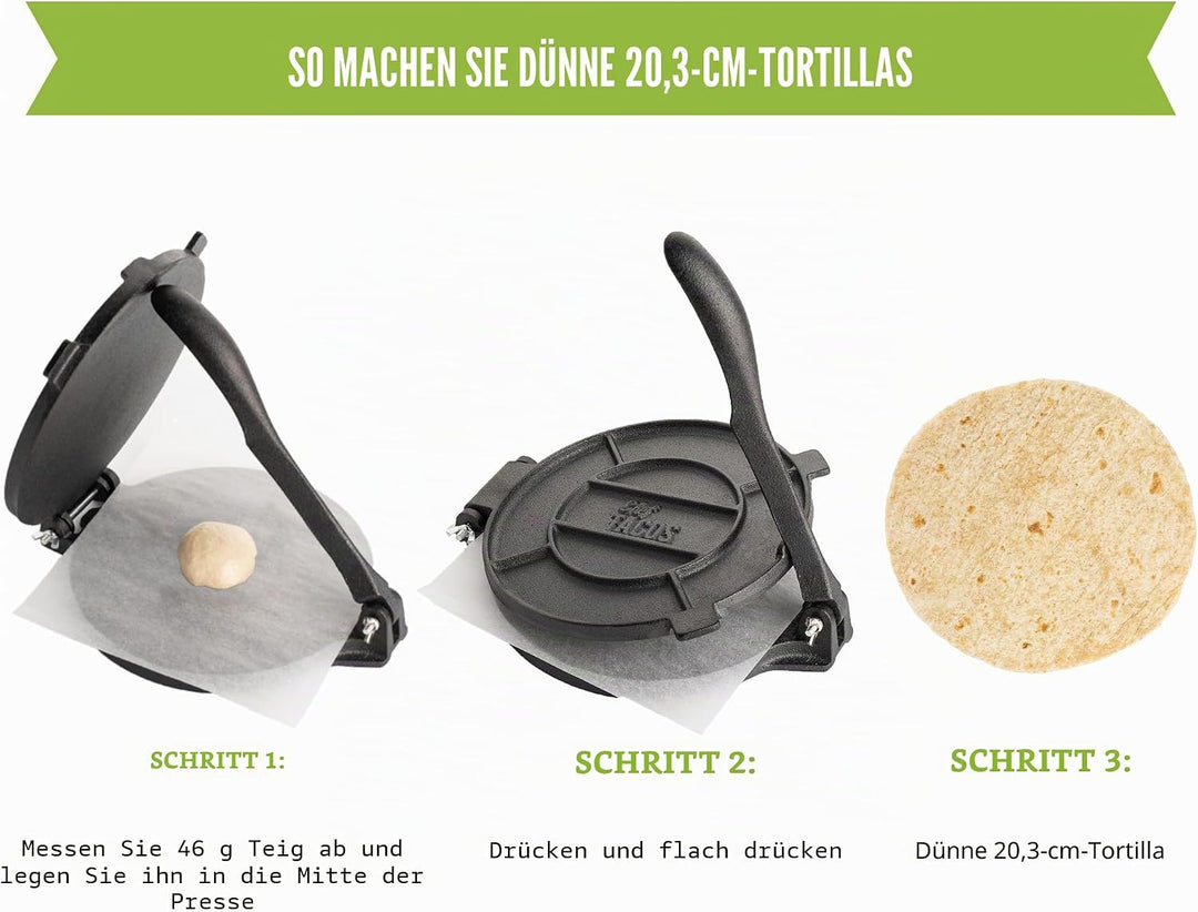 Chef Tacos Authentische Gusseisen-Tortilla-Presse, 20 Zentimeter, vorgewürzter Mais- oder Mehl-Torti