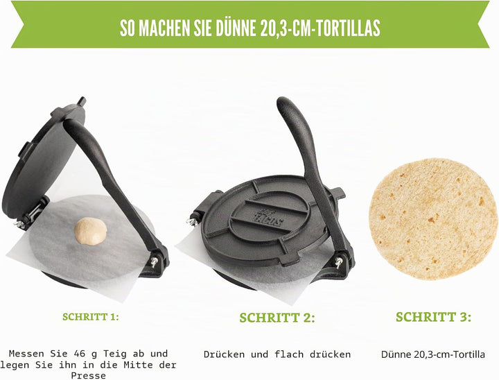 Chef Tacos Authentische Gusseisen-Tortilla-Presse, 20 Zentimeter, vorgewürzter Mais- oder Mehl-Torti