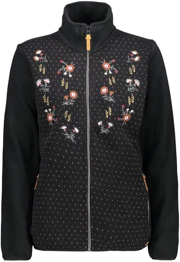 CMP Fleecejacke mit gestickten Blumen, Damen 44 Schwarz, 44 Schwarz