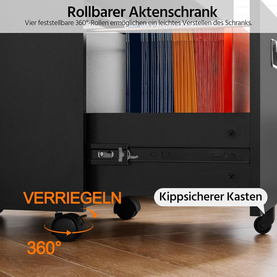 Yaheetech Rollcontainer Aktenschrank mit 3 Schubladen und Hängeregistratur Mobiler Büroschrank für A