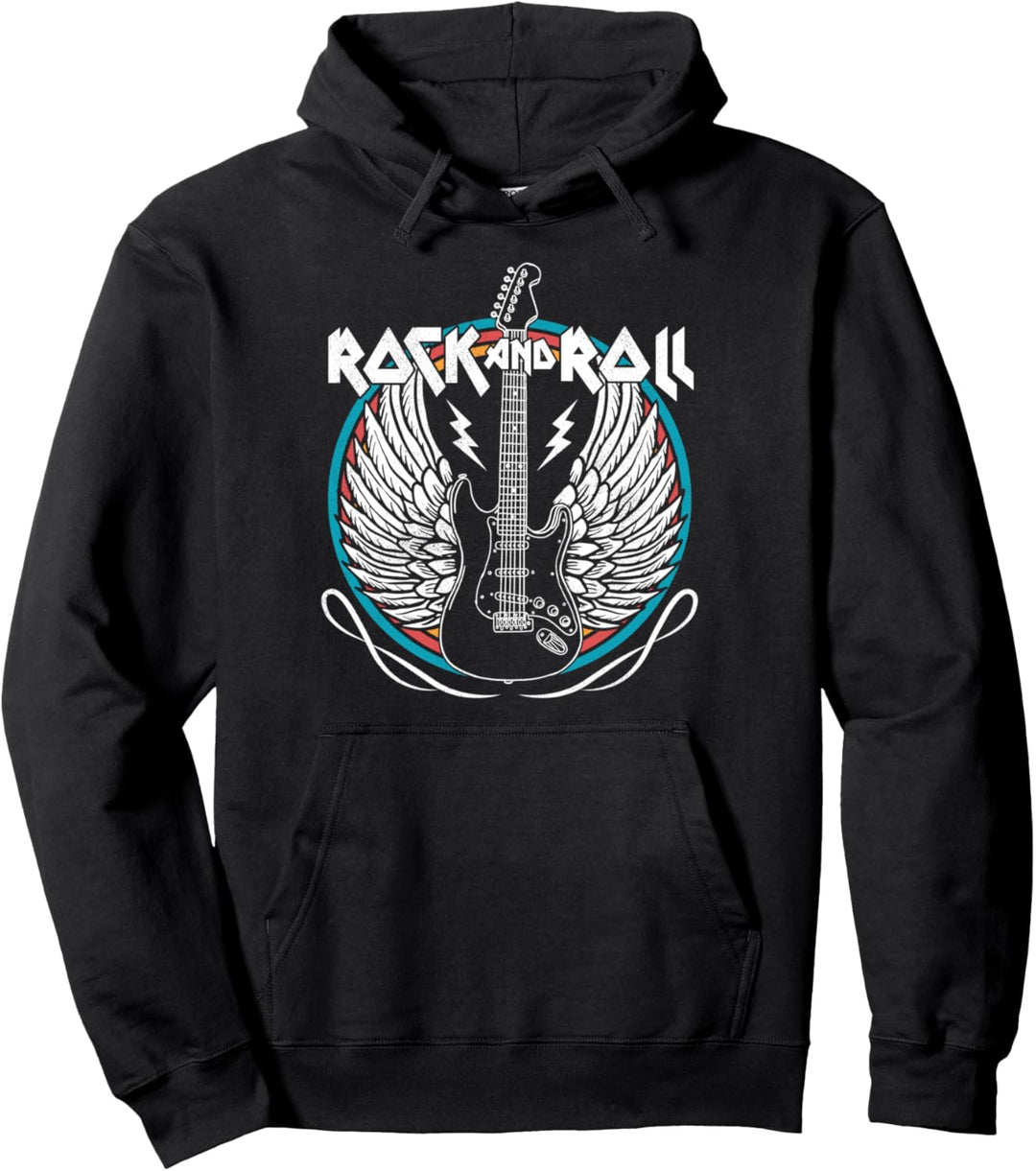 Distressed Vintage Retro 80s Music Guitar Wings Rock & Roll Pullover Hoodie