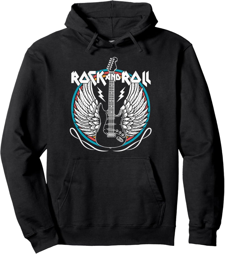 Distressed Vintage Retro 80s Music Guitar Wings Rock & Roll Pullover Hoodie