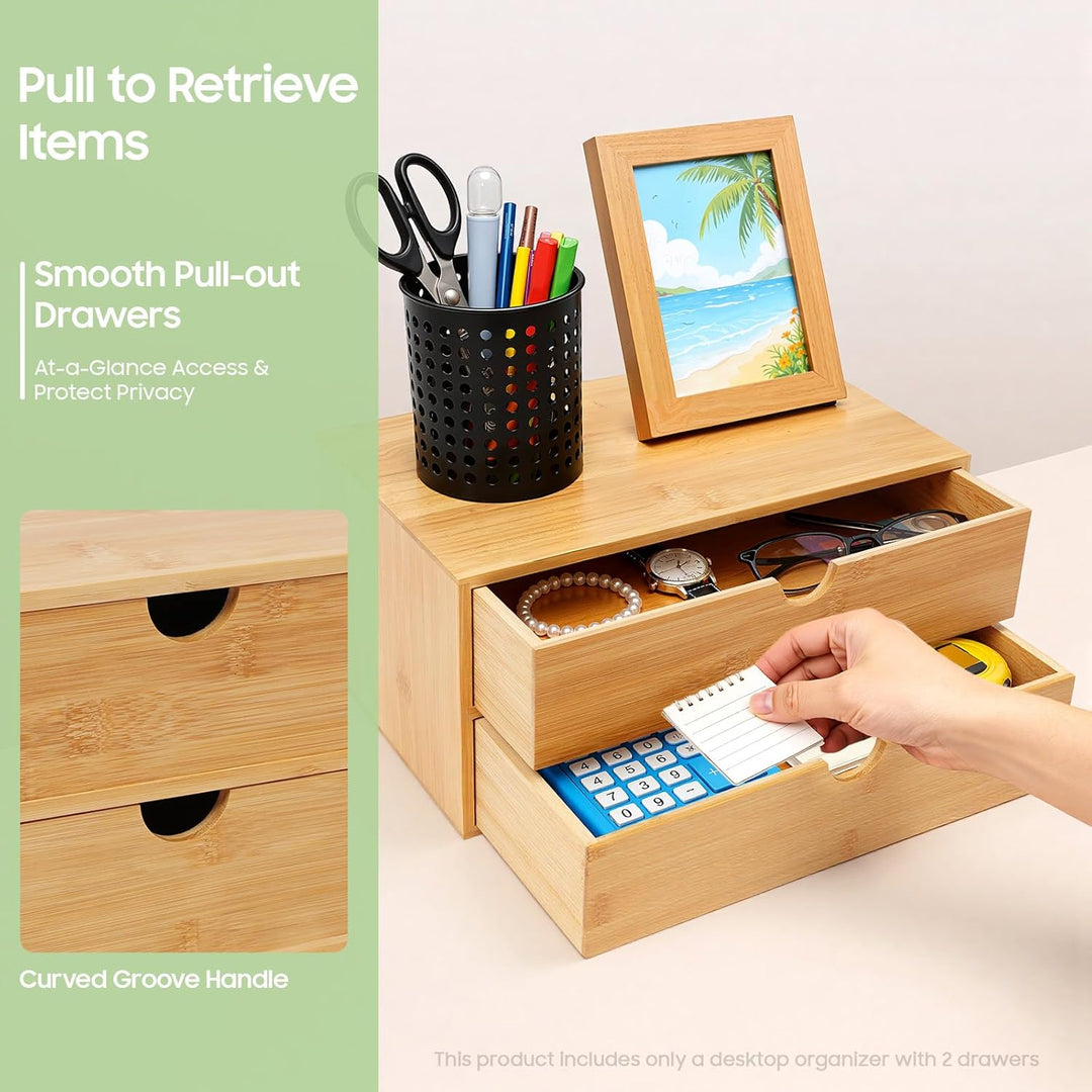 Schubladenbox, Schreibtisch Organizer 2 Schubladen Bambus, Naturbelassener Desktop Organizer 33x19x1