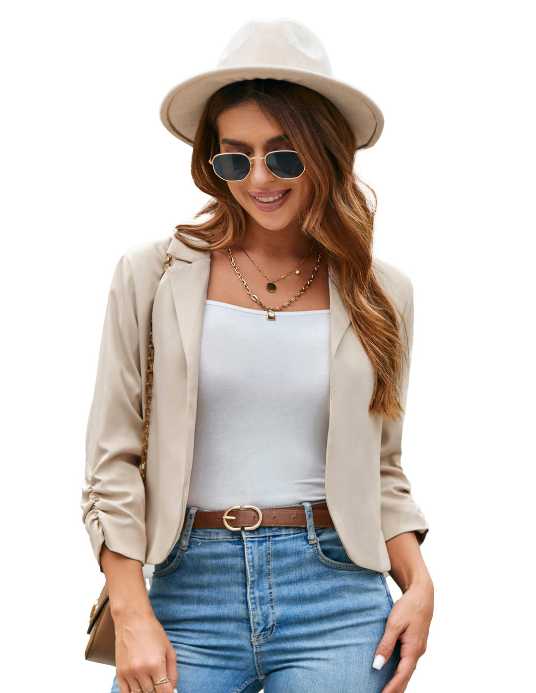 GRACE KARIN Damen Leicht Cropped Blazer Business Blazerjacke Casual Offene Blazer 3/4 Ärmel kurz Arb