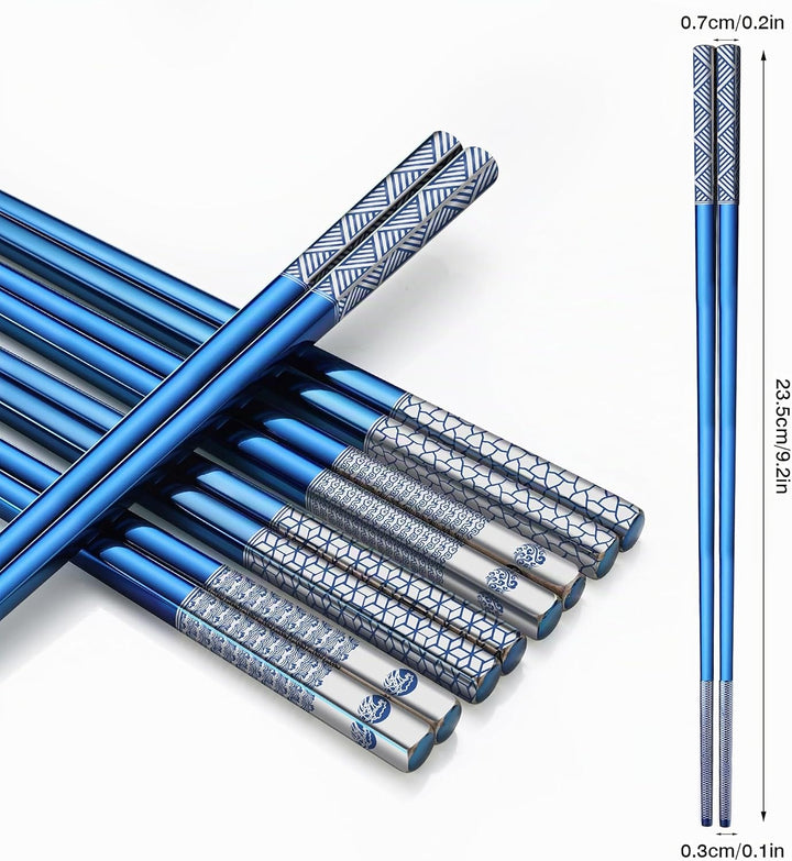 Edelstahl Essstäbchen, 18/8, Titan-Lasergravur, spülmaschinenfest, 5 Paar Geschenkset (blau), wieder