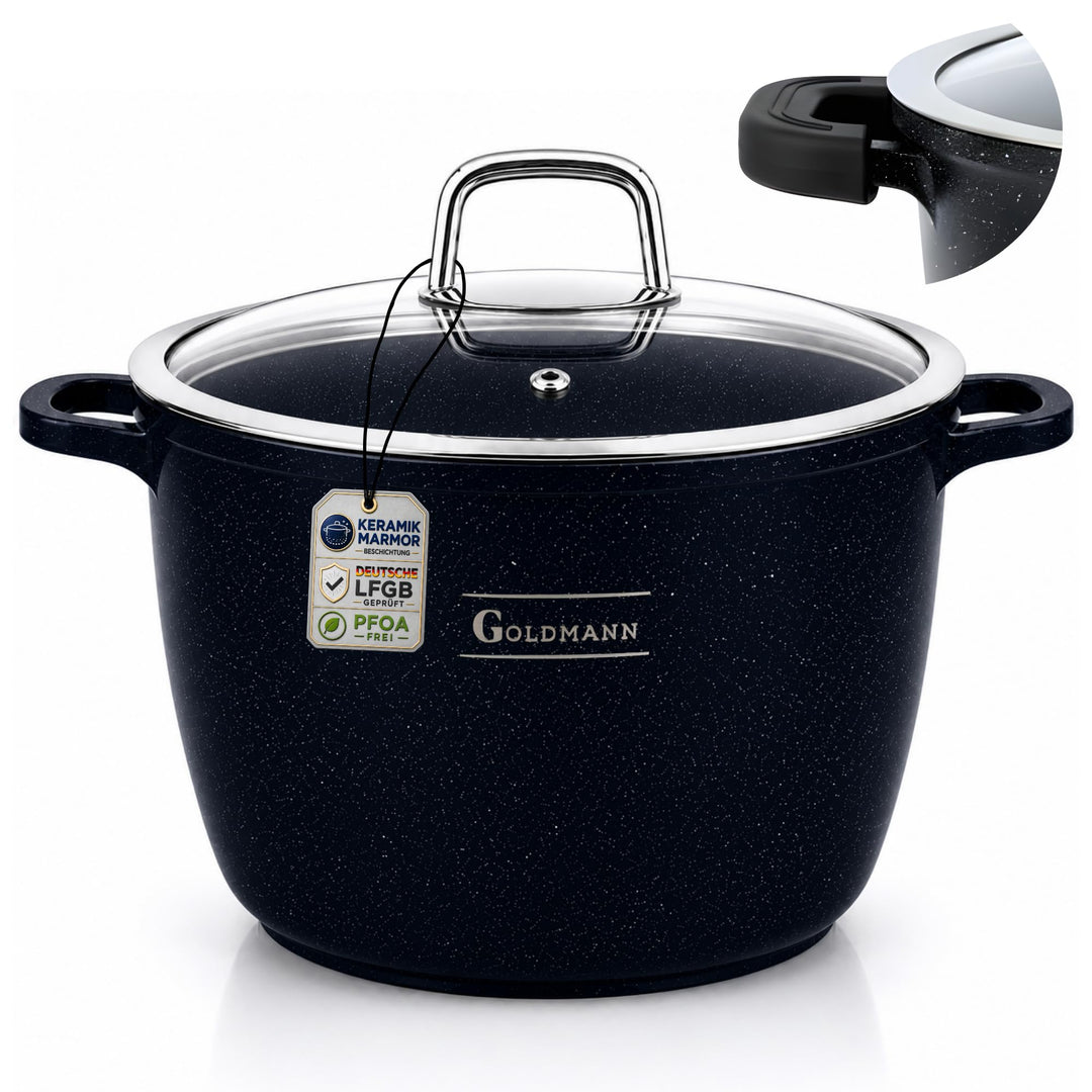 GOLDMANN 28 CM - 10L - Aluguss-Kochtopf/Suppentopf mit Glasdeckel und Silikongriffen, Marmor-Keramik