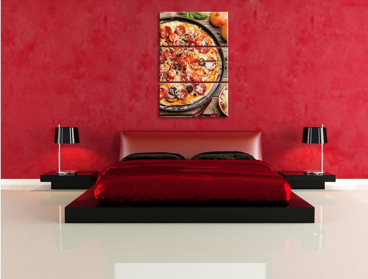 Pixxprint Leckere Pizza auf Holztisch / 3-Teilig/Gesamtmass 120cm Leinwandbild bespannt auf Holzrahm