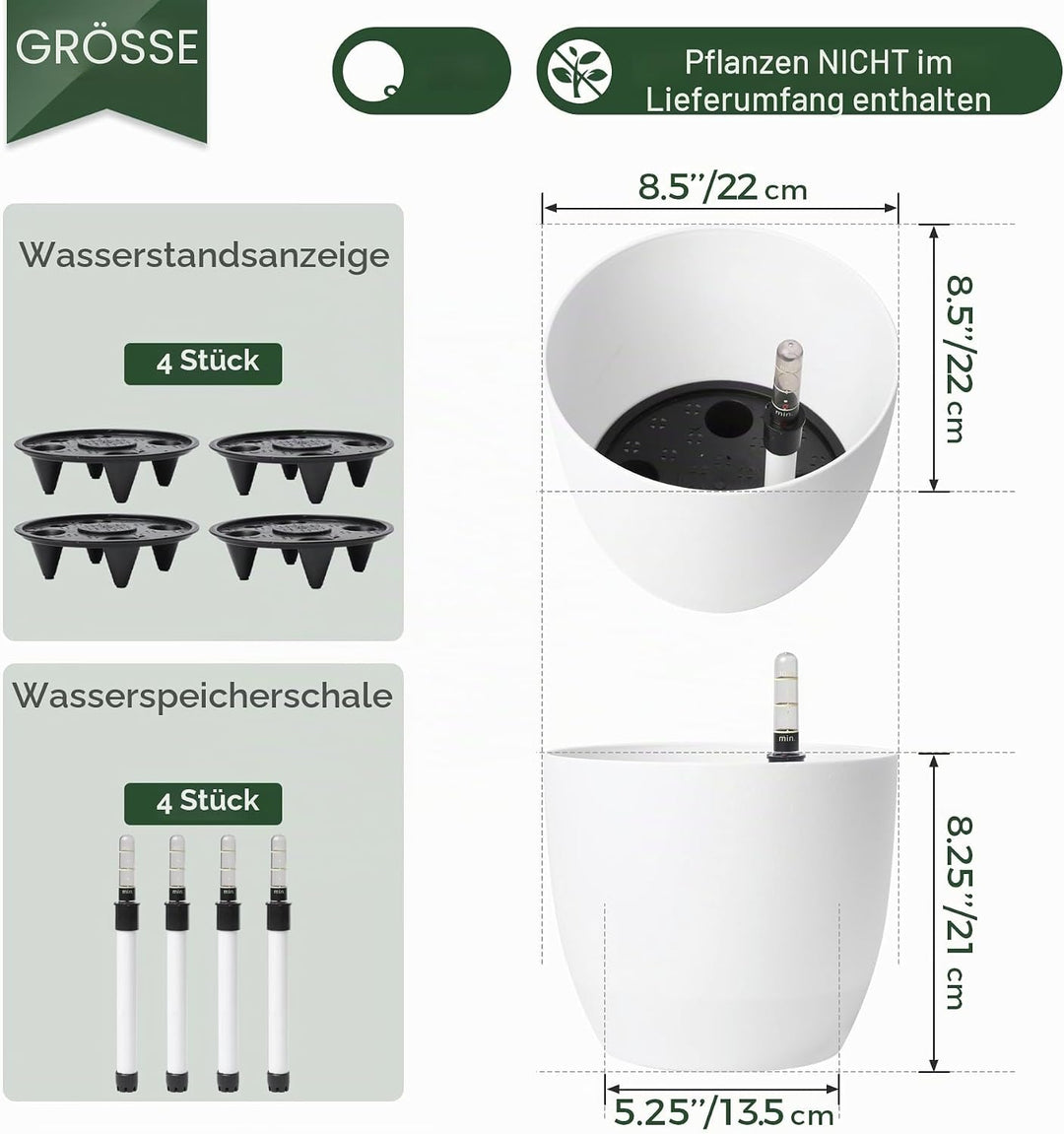 T4U 22cm Selbstwässernder Blumentopf mit Wasseranzeiger Weiss 4er-Set, Selbstbewässerung Wasserspeic