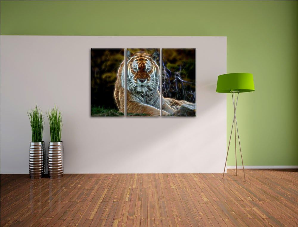 Dark schöner Tiger auf Wiese NewArt 3-Teiler Leinwandbild 120x80 Bild auf Leinwand, XXL riesige Bild