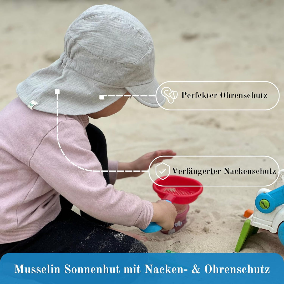 Musselin Schirmütze Sonnenhut mit Nacken- und Ohrenschutz UV-Schutz (UPF 50+) für Babys und Kinder -